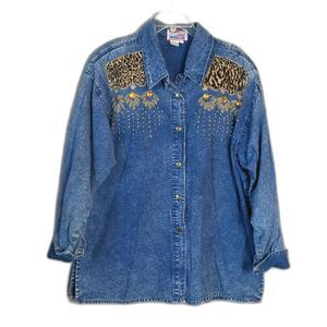 Pearl River Rhinestone Animal Print Denim Shirt Women's Plus 2X VINTAGE